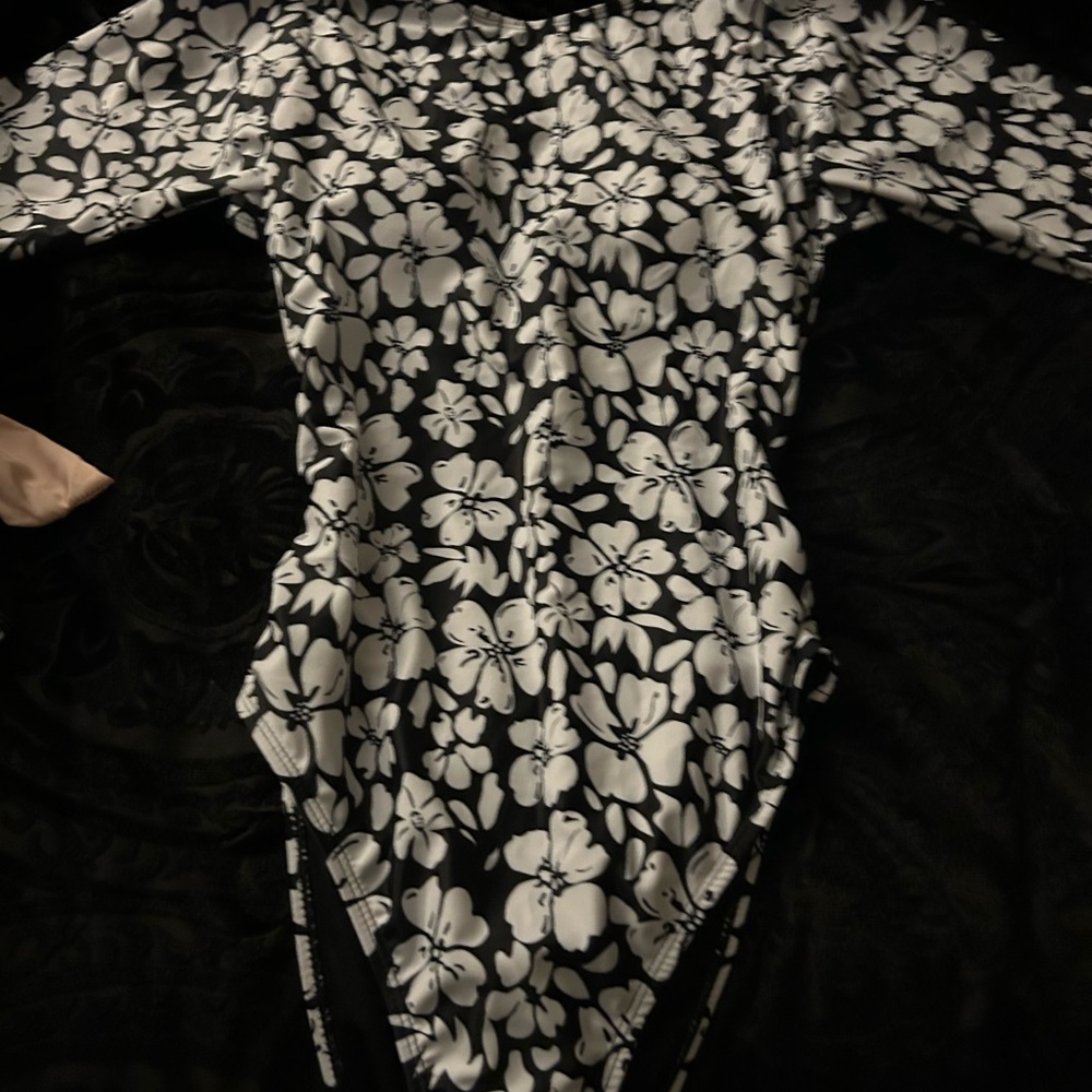 Floral Black and White Long Sleeve Swimsuit